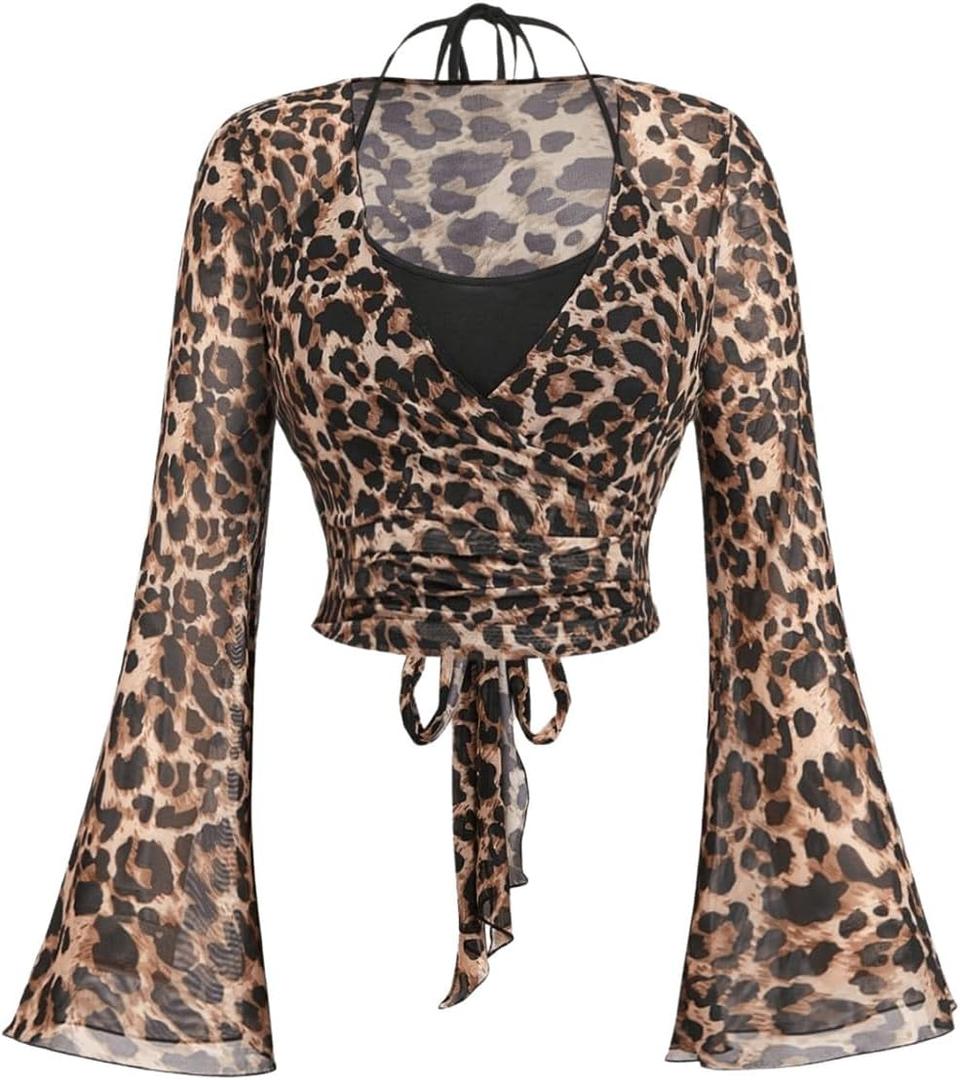 WDIRARA Women's Plus Size Leopard Halter Tops Mesh Long Bell Sleeve Tie Back T Shirts, 4XL