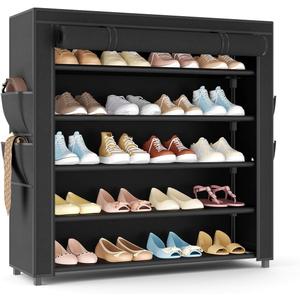 LANTEFUL Shoe Rack with Covers 5 Tier Tall Shoe Rack Organizer Large Capacity Shoe Shelf Storage 20-24 Pairs Space Saving Free Standing Shoe Storage Organizer for Closet, Entryway, Dorm, Black (6 Tier - 33.8"W)