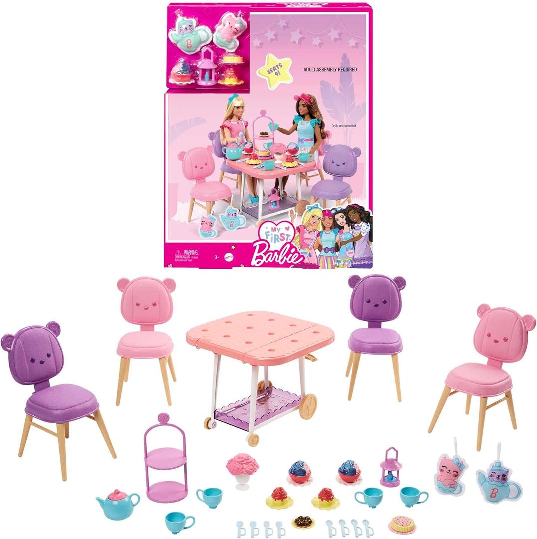 Barbie Tea Party Playset for Preschoolers, My First Tea Party Playset and Accessories, Preschool Toys and Gifts, Tea Party with 18 Storytelling Pieces, Two Plush Items, from 3 Years, HMM65