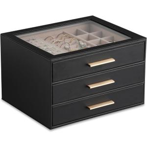 Frebeauty Clear Lid Jewelry Box,3-Layer Jewelry Organizer with Drawer,PU Leather Jewelry Organizers and Storage,Jewelry Boxes for Women,Jewelry Storage for Rings Earring Stud,Gift for Women(Black)