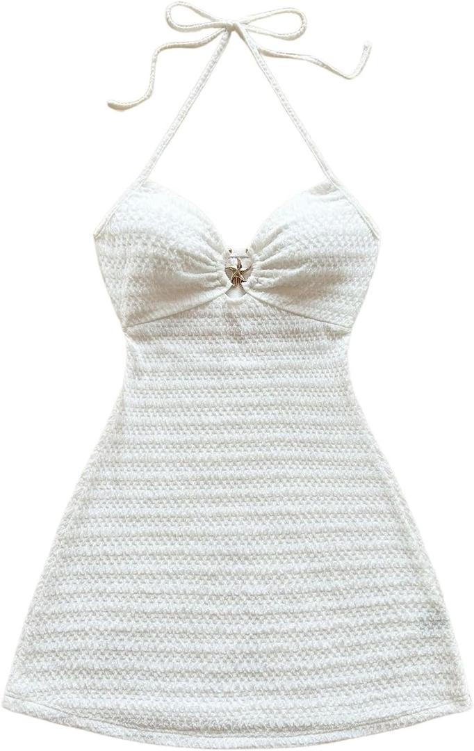 MakeMeChic Women's Summer Vacation Dress Backless Beach Dress Y2k Halter Mini Dresses Sundress (Medium, White)