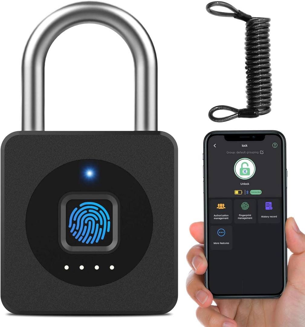 eLinkSmart Fingerprint Gym Locker Lock, Keyless Biometric Padlock, Weatherproof Electronic Digital Smart Combo Pad Lock for Outdoor Fence Gate Storage Fridge Helmet Ski Pool Shed (Black, with Cable)