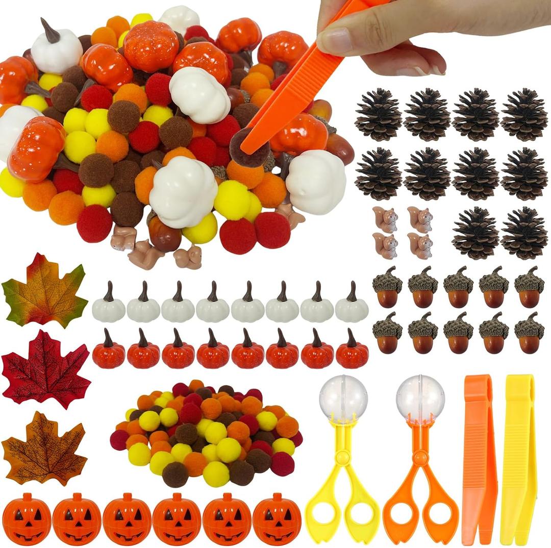 320 Pcs Fall Sensory Bin Fillers Decorations, Sensory Bin Filler, Pumpkin Bowls, Pompom, Maple Leaves, Squirrels, Pumpkins, Acorns, Pine Cones for Fall Halloween Autumn Party Decor
