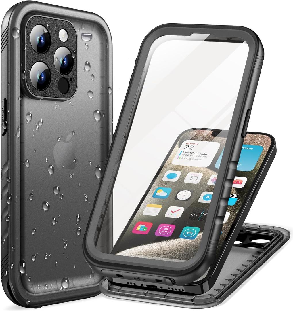 Cozycase for iPhone 15 Pro Max Waterproof Shockproof Dustproof Case - Heavy Duty/360 Full Body/Military Grade/Protective/Rugged 8FT Drop Proof Built in Screen/Camera Protector with Lanyard Black