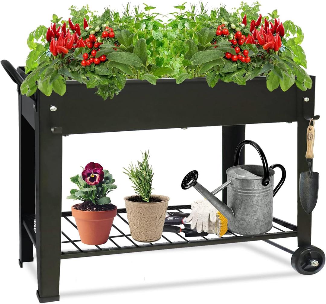 Raised Garden Planter Beds with Wheels Legs, Large Planters Box for Indoor Outdoor Plants,Metal Galvanized Elevated Rectangle Herb Planter Box for Vegetables Flower Patio 31.5" H