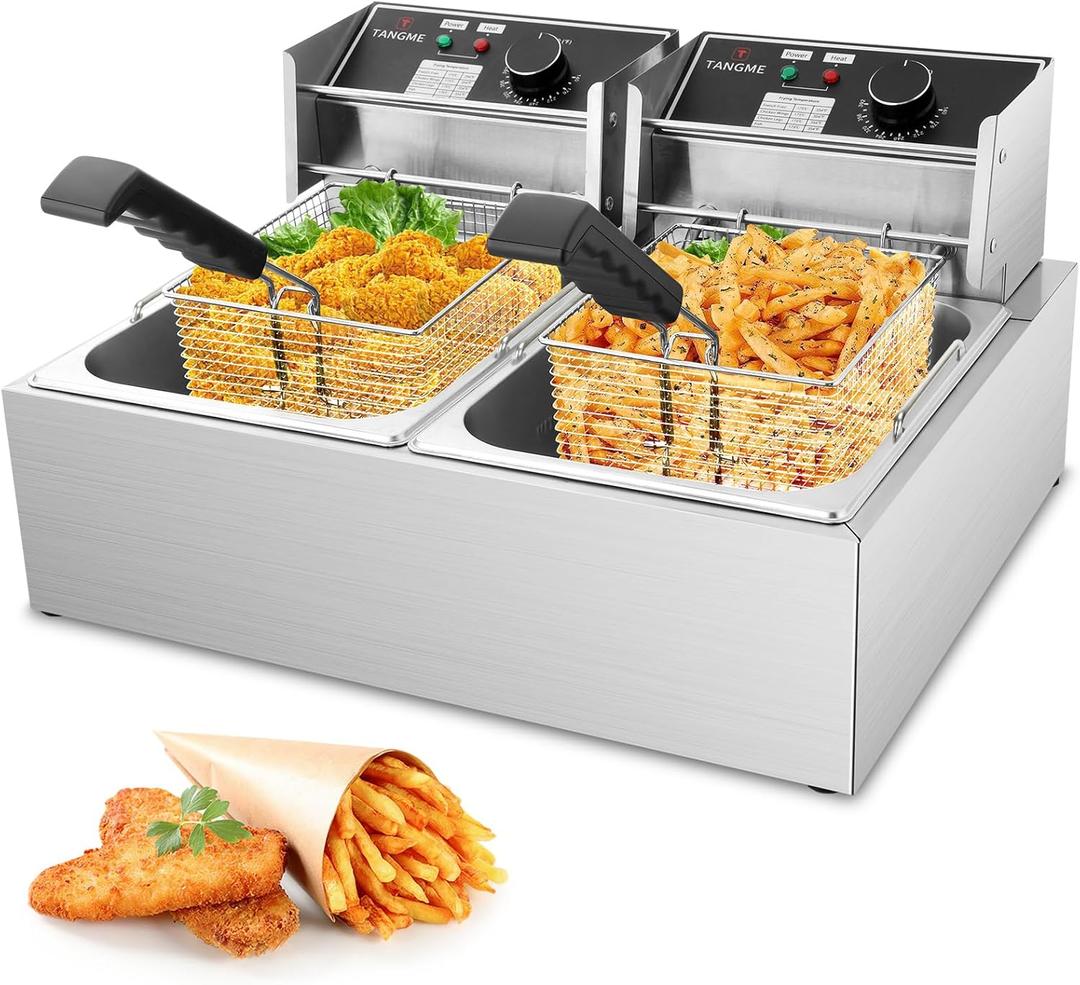 Commercial Deep Fryer - 3400W Electric Deep Fryers with 2x6.35QT Baskets 0.8mm Thickened Stainless Steel Countertop Oil Fryer 20.7QT Large Capacity with Temperature Limiter (12L)