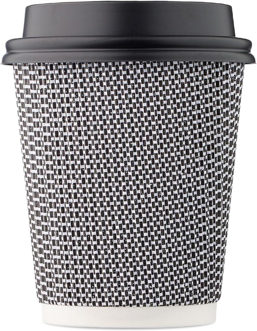 [150 SET]Harvest Pack 8 oz Disposable Coffee Cups, Insulated Ripple Double-Walled Paper Cup with Lid, Black and White Geometric, Tea Hot Chocolate Drinks To go coffee cups (Black)