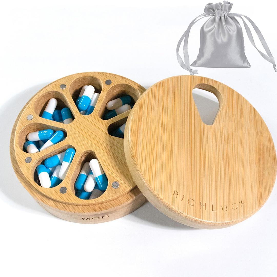 Bamboo Wood Pill Organizer for Medicine Vitamin Weekly, 7 Day Tablet Organizer,Pill Box Medium Container Holder, Daily Portable Travel Pill Case