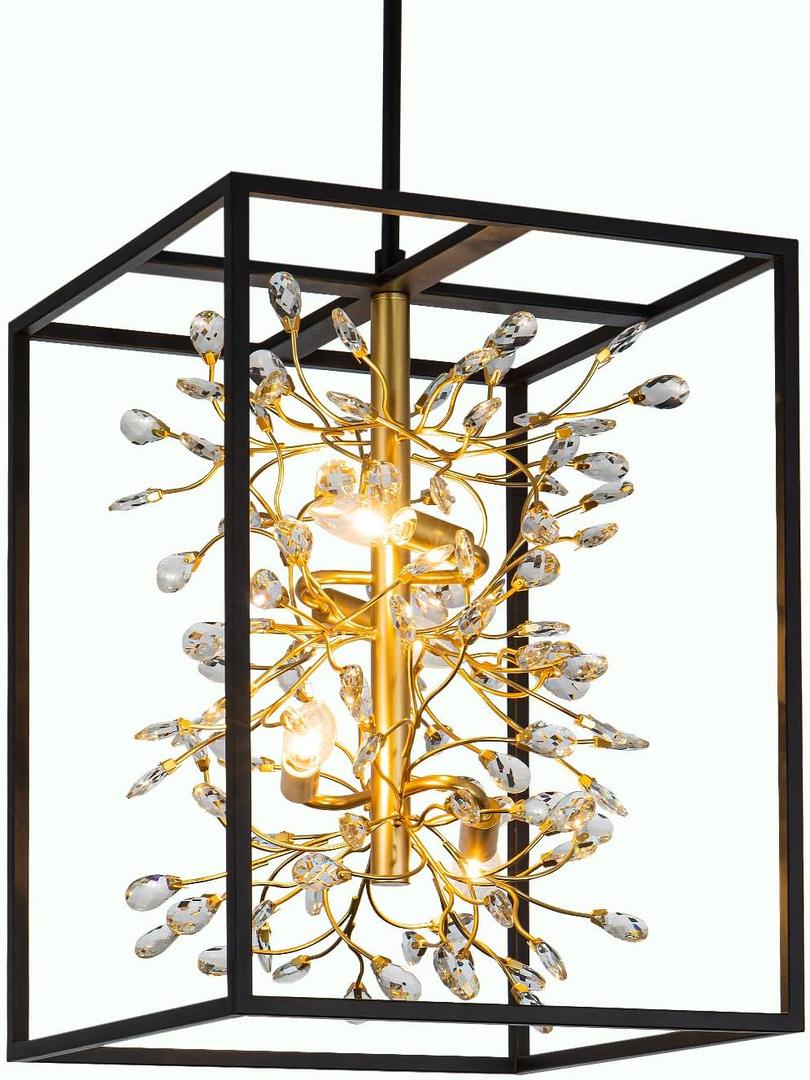 Vezzio Black and Gold Crystal Chandelier, 4-Light Modern Farmhouse Foyer Pendant Light for Entryway, Dining Room, Kitchen Island, Staircase, Hallway, H21 Inch