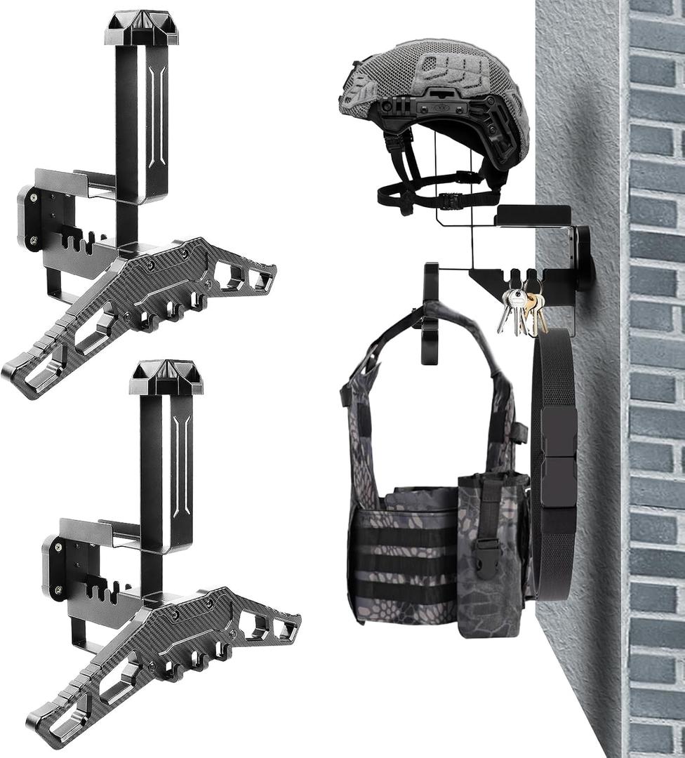 Helmet Wall Mount Motorcycle Helmet Holder Rack with Carbon Fiber Texture Hanger, Heavy-Duty 88lbs Load Capacity Helmet Stand for Motorcycle, Sports, Police, Military, Safety Equipment, 2Pack