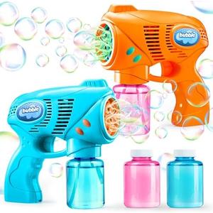 JOYIN 2 Bubble Guns with 2 Refill Solution (10 oz Total), Automatic Bubble Maker Blower Machine for Kids, Toddlers, Outdoors, Party, Birthday Gift, Easter Toys (Blue, Orange)