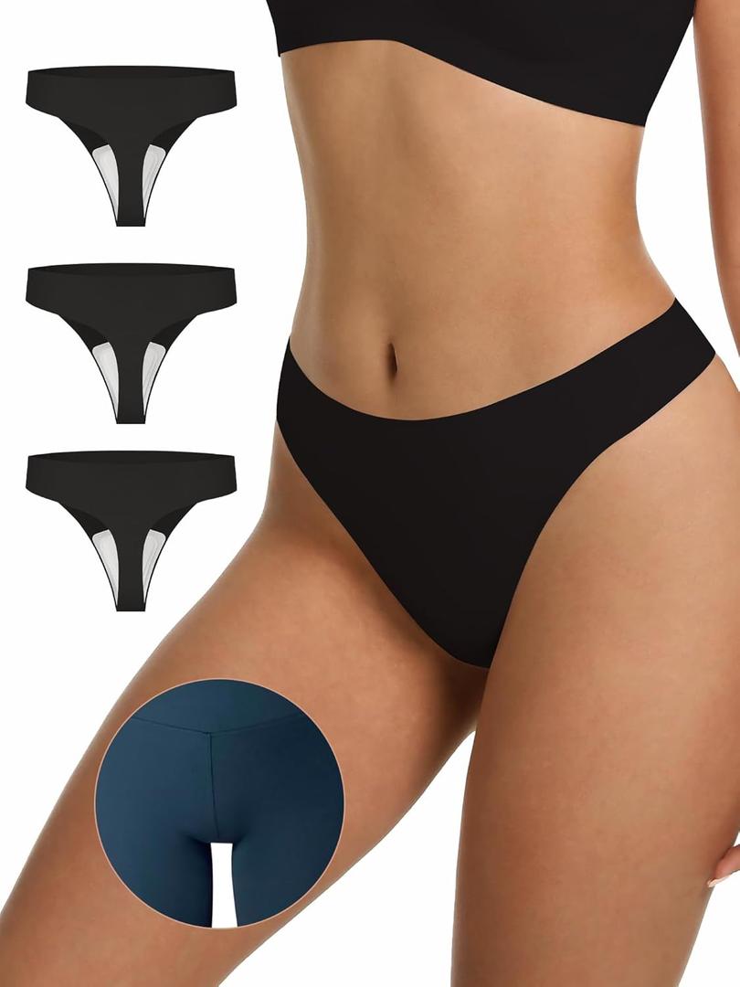 LUCKMEEY Cotton Thongs for Women Seamless Thongs for Women No Show Thong Panty Liners Workout G-String Thongs Underwear (Medium, 3p-black)