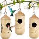 Hummingbird House for Outside Hanging,Wooden Humming Bird Nest 3 Pcs with Hemp Ropes (MI3723)