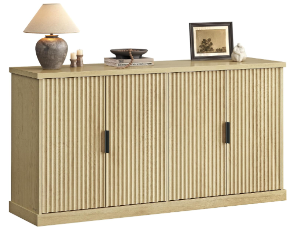 VASAGLE MAXE Collection - Buffet Cabinet, Fluted Console Cabinet, Sideboard with Adjustable Shelves, Mid Century Modern Buffet Table, 15.8 x 58.3 x 31.5 Inches, Oak Beige UBBK382Y01S