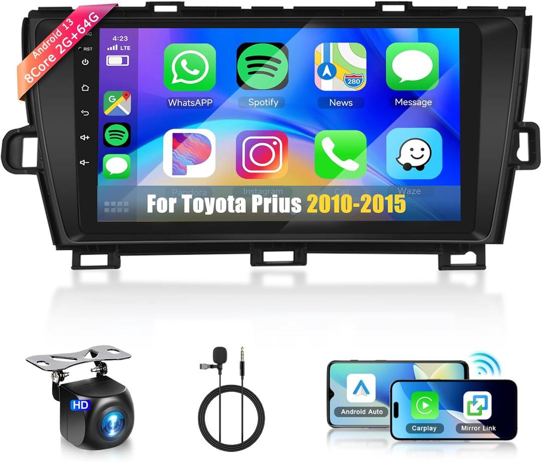 Car Stereo for Toyota Prius 2010-20158Core 2+64G Wireless Carplay Android Auto,9" 1280x720P IPS Touch Screen Radio, Android/GPS/WiFi/32EQ DSP Audio/Bluetooth/SWC/Backup Camera