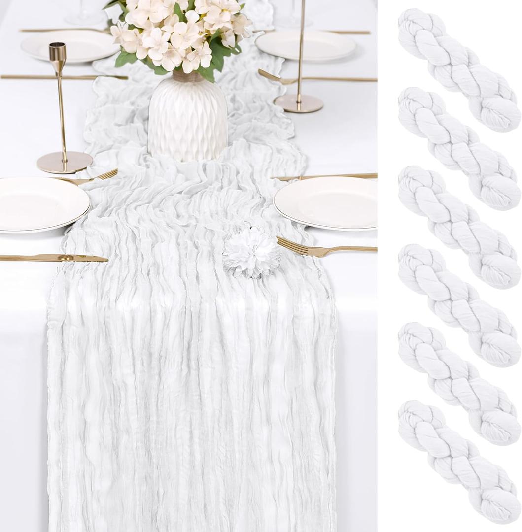 6 Pack White Cheesecloth Table Runner 17x108 Inch Semi Sheer Boho Gauze Cheese Cloth Fabric Table Runners Table Decor for Wedding Party Baby Shower Birthday Home Decor Garden Farmhouse