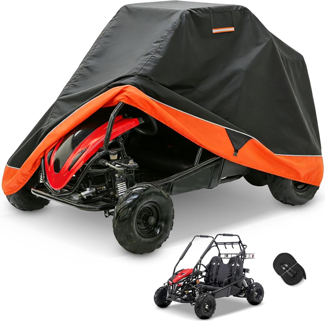 Go-Kart Cover 2 Seater, Waterproof 420D Go-Kart Cover, Go-Kart Accessories with Reflective Air Vent and Windproof Buckle, Black and Orange