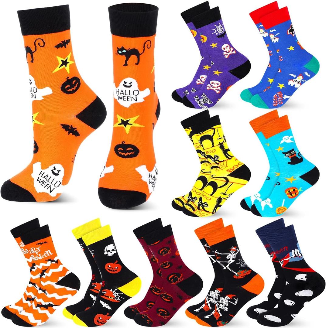 Shihanee 10 Pairs Halloween Socks Bulk Women Men Novelty Socks Spooky Pumpkins Ghosts Bats Cat Print Pattern Funny Crew Cotton Sock Halloween Gifts for Adult Teenager Cosplay Party Favors Supplies
