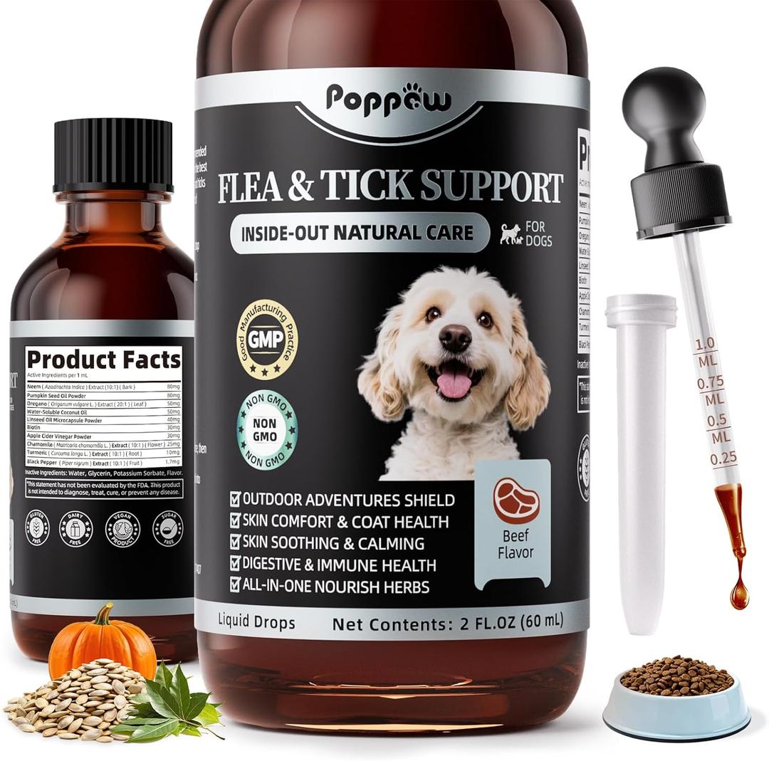 4 x Oral Itch Relief Support Drops for Dogs, Natural Anti-Itch Drops with Neem, Oregano for Puppy, Gentle Herbal Supplement Drop for All Breeds and Ages - Beef Flavor, 2 FL.Oz