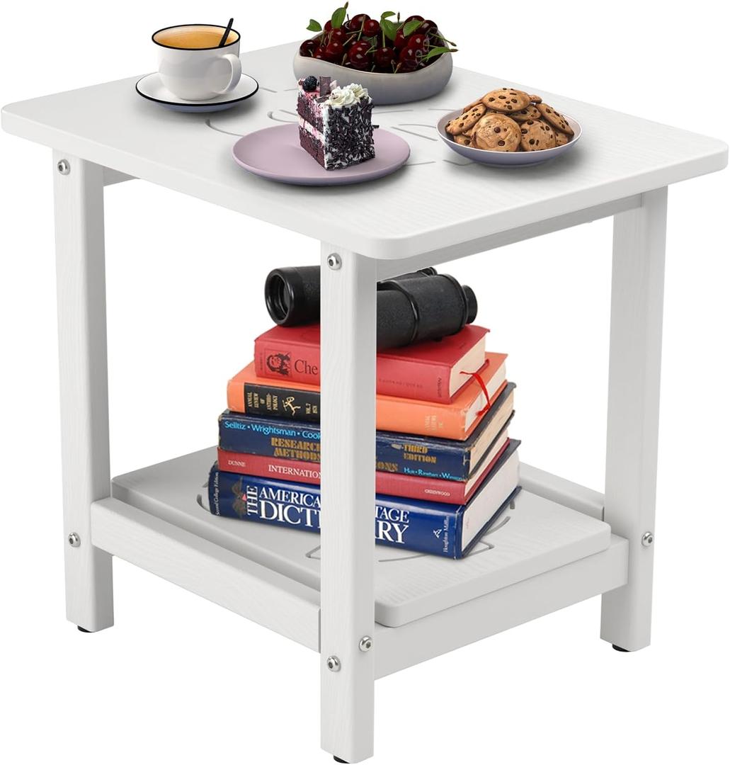 18.9x15x17.9in HDPE Outdoor Side Table, Weatherproof Small Outdoor Table for Adirondack, Patio, Porch, Balcony, Poolside (2-Tier, White)