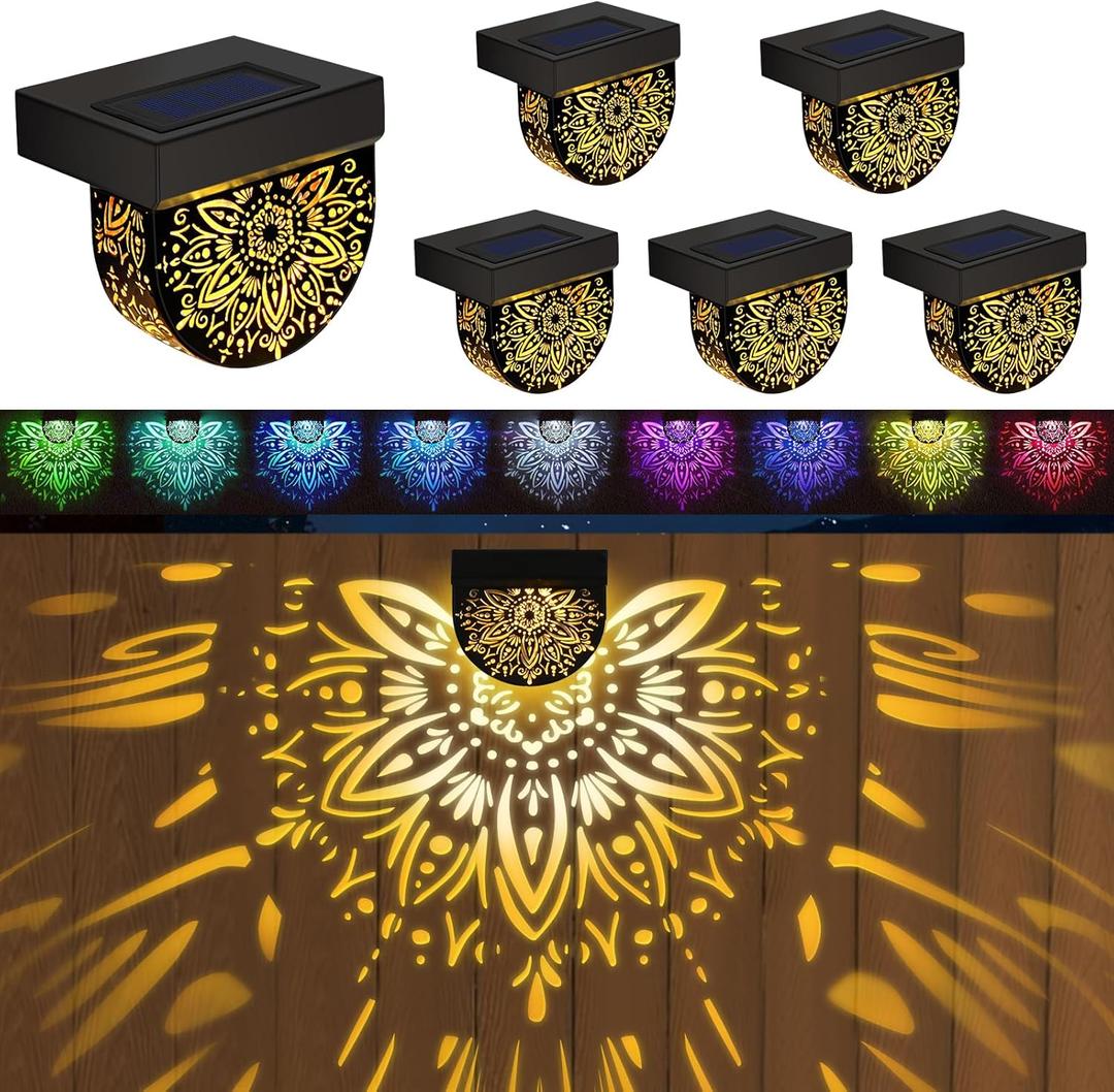 Likiyol 2025 Upgraded 6 Pack Solar Fence Lights with Warm White & 10 RGB Colors 2 Modes, Mandala Fence Lights Solar Powered IP65 Waterproof Solar Light for Deck Yard Garden Outdoor Wall Decor