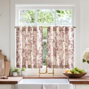 jinchan Linen Floral Tier Curtains 36 Inch Farmhouse Botanic Cafe Curtains Light Filtering Drapes for Small Windows Back Tab Half Window for Kitchen Living Room Bathroom 2 Panels Red (Floral Brick Red on Beige)