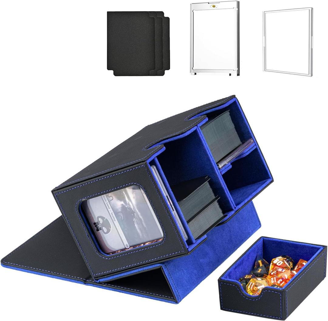 WELLMILLER MTG Deck Box for Commander with Dice Tray,Designed for MTG Commander Card Deck Box Fits 200+ Double Sleeved Cards,Card Storage Box with 3 Dividers 2 card holder (Blue)