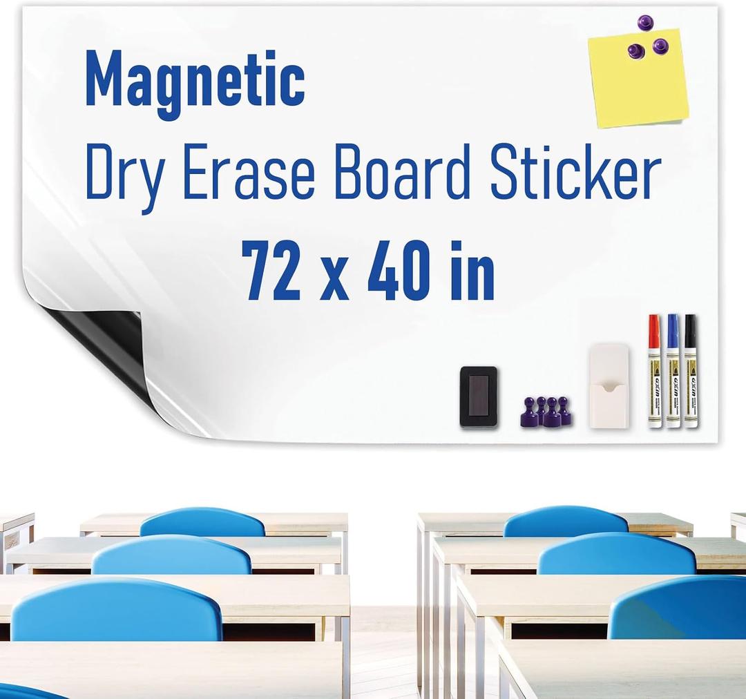 Large Magnetic Whiteboard Sticker Dry Erase Board for Wall - Adhesive Backing & No Ghosting 72" x 40" Dry Erase Board for Classroom Office Home Include Starter Kit