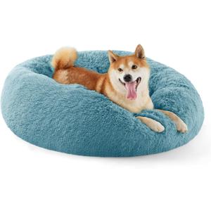 Bedsure Calming Dog Bed for Medium Dogs - Donut Washable Medium Pet Bed, 30 inches Anti-Slip Round Fluffy Plush Faux Fur Cat Bed, Fits up to 45 lbs Pets, Washed Blue