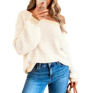 Zenlonr Womens Off The Shoulder Sweater 2025 Fall Winter Long Sleeve Striped Sweater Oversized Knitted Pullover Tops (Beige, XL)