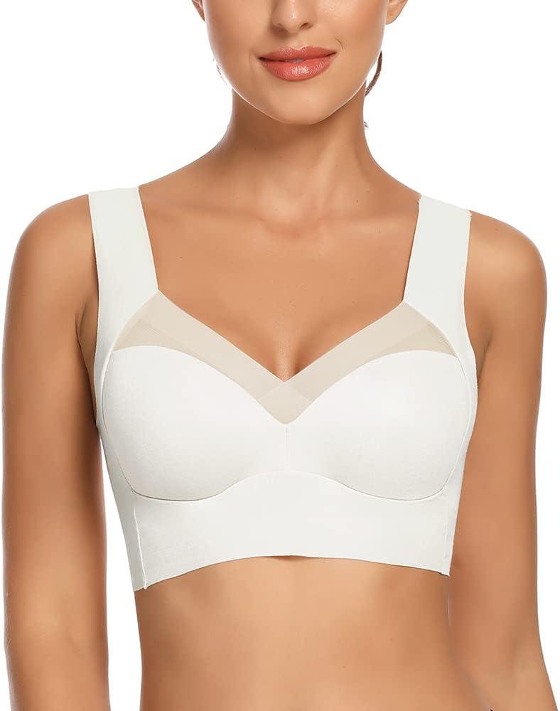 WOWENY Womens Seamless Wirefree Bras Comfortable Wireless Bras No Underwire Padded Push Up Soft Back Smoothing Bra (White, L)
