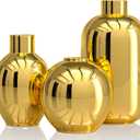 Glossy Gold Ceramic Flower Vase Set of 3, Gold Modern Round Decorative Vases for Pampas Grass Home Decor, Bedroom, Office, Living Room, Bookshelf, Wedding, Bathroom Table Centerpiece