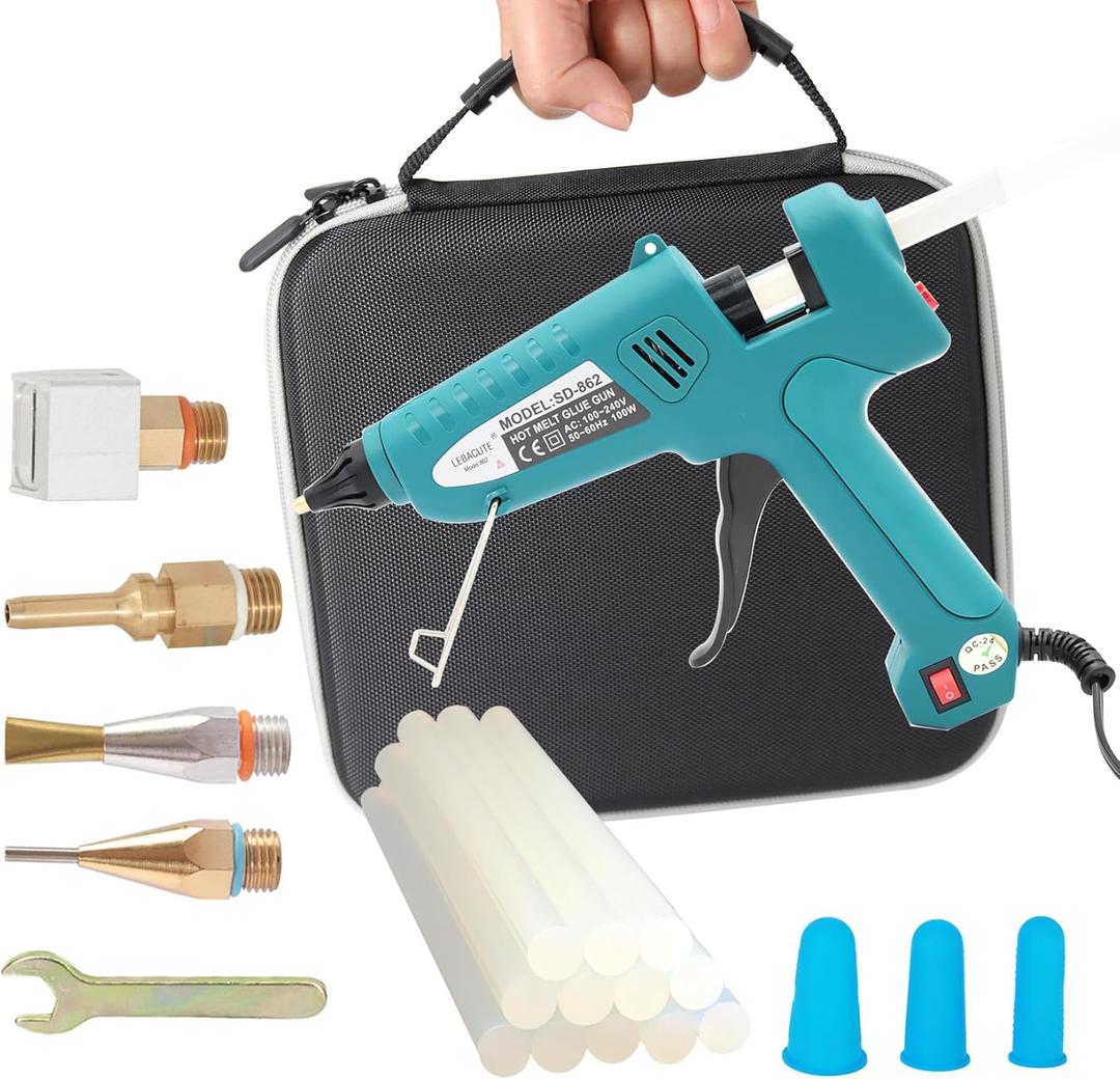 Professional Hot Glue Gun Kit with Case, Full Size Hot Glue Guns Luxury Set with 4Pcs Different Interchangeable Copper Nozzle Set and Glue gun Sticks 12Pcs