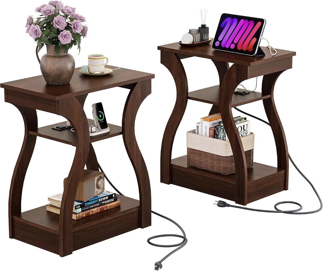 WLIVE End Tables Living Room Set of 2, Cherry Side Tables with Charging Station, Nightstand for Bedroom, 3 Tier End Table with Storage Shelf, Side Table Set of 2 for Living Room, Cherry