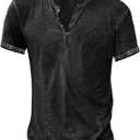 Beotyshow Mens Distressed Henley Shirts Short Sleeve Button T-Shirt Slim Fit Cotton Casual Shirt (Medium, 1-black)