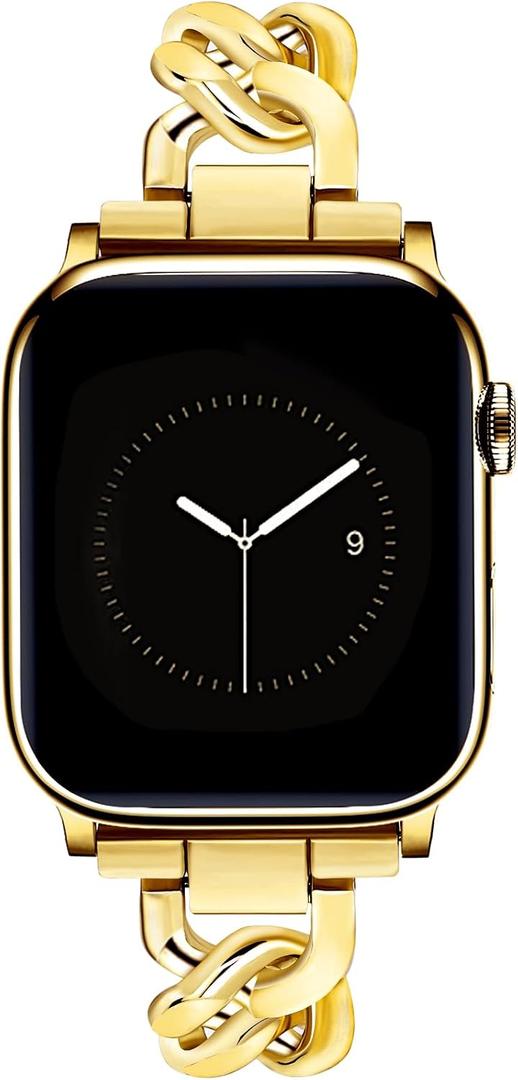 JR.DM Gold Watch Bands for Women Compatible with Apple Watch 46mm 42mm(S3/2/1) 44mm 45mm 49mm Adjustable Metal Cowboy Single Chain Bracelet for iWatch Series 11/10/9/8/7/6/5/4 SE 3/2/1 Ultra (No Case)