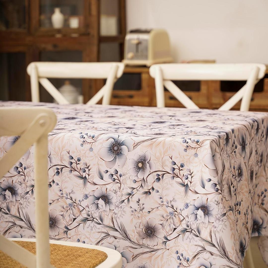 Silver Floral Poppy Flowers Printed Wrinkle Resistant Tablecloth, Waterproof Vinyl Tablecloths for Formal or Everyday Use, 52"x70" Grey Blue White/Rectangle