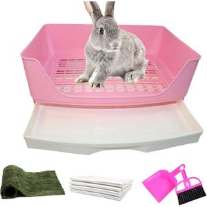 PINVNBY Large Rabbit Litter Box Corner Toilet Box Bigger Pan Pet Potty Trainer with Drawer for Adult Bunny Guinea Pig Chinchilla Ferret Galesaur Hedgehog Small Animals(Pink)