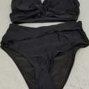 Fanuerg Women High Waisted Bikini Sets V Neck Cross Twist Front Two Piece Swimsuit Tummy Control Bathing Suit Black M
