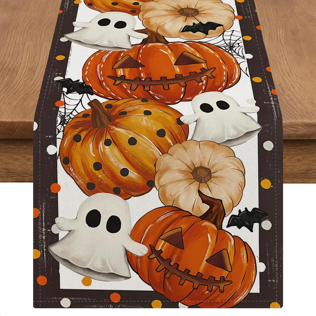 Halloween Table Runner 13x72 Inch  Spooky Pumpkin Ghost Bat Design with Polka Dots and Spider Webs, Festive Dining Table Decoration for Fall, Halloween Party and Autumn Home Dcor