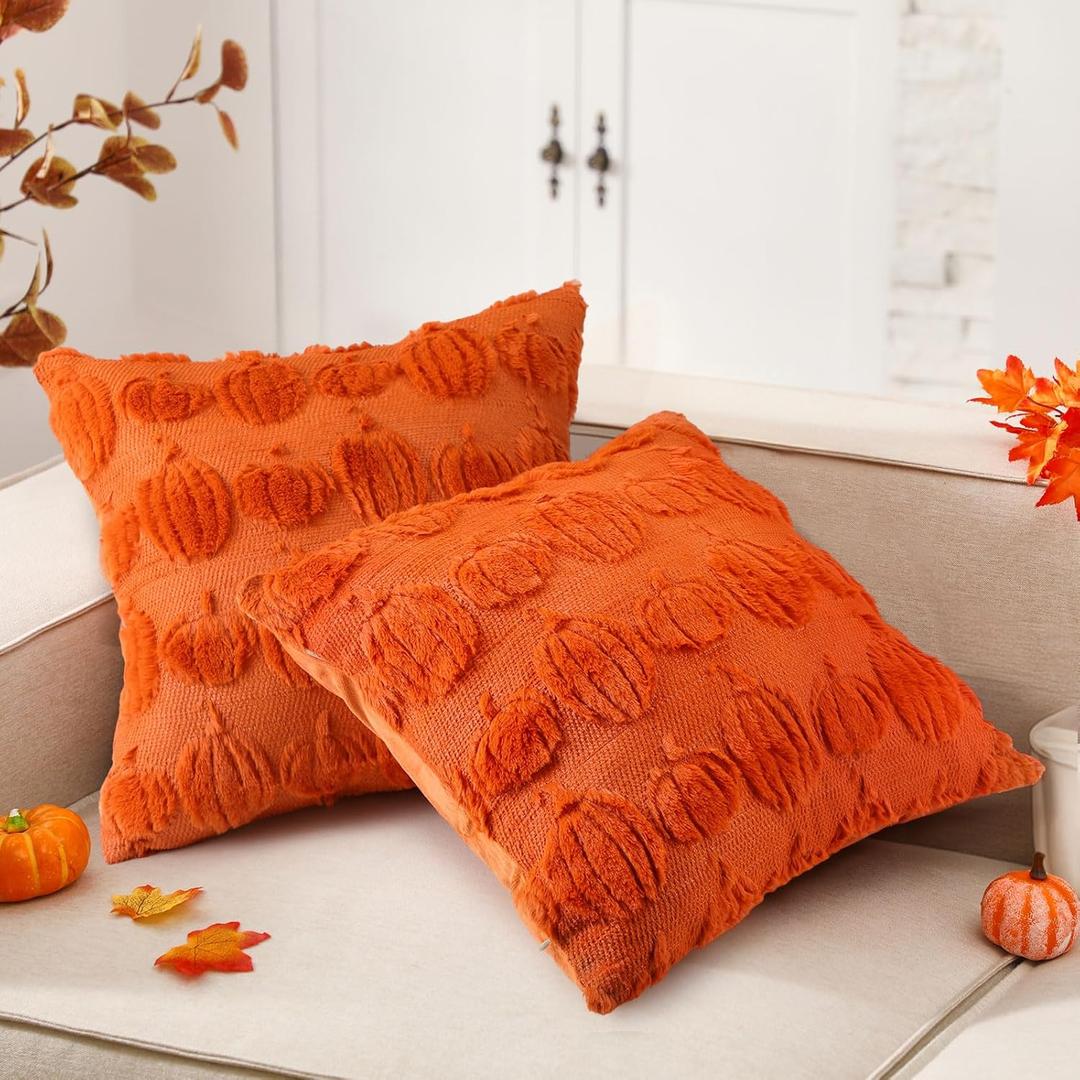 2 Pcs Fall Pumpkin Throw Pillow Covers 18x18 Inch Autumn Quilted Pillowcase Plush Faux Fur Cushion Cover for Fall Chair Sofa Bedroom Living Room Home Decor(Orange)