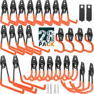 28 Pack Heavy Duty Garage Hooks, Utility Wall Mounted Storage System, with Anti-Slip Coating Hanger, for Hanging Power and Garden Tools, Ladders, Bikes, Ropes and Bulk Items