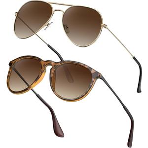 STGATN 2 Packs Round & Aviator Polarized Sunglasses for Women Men UV400 Protection (A. Round Matte Tortoise/Gradient Brown + Aviator Gold/Gradient Brown)