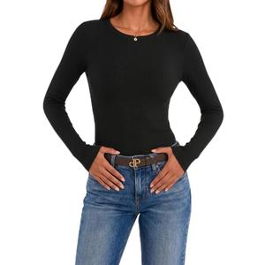 Women's Long Sleeve Rib Knit Slim Fit T-Shirt, Basic Casual Top, Underscrubs Layer, Fall Outfit (L)