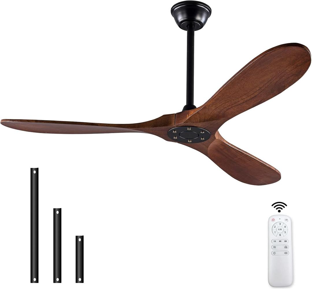 Ceiling Fan without Lights 42" Solid Wood Ceiling Fans with Remote Control, 3 Blade and Down Rods, DC Motor, Indoor Outdoor Ceiling Fans for Patio, Garage, Living Room, Bedroom, Office