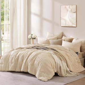 CASAAGUSTO Queen Comforter Set, 7 Pieces Beige Seersucker Bed in a Bag Queen Size Soft All Seasons, Bedding Sets with Comforter, Flat Sheet, Fitted Sheet, 2 Pillow Shams, 2 Pillowcases (Queen(90"*90"))