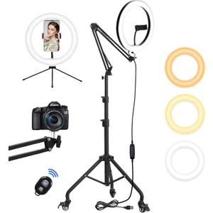 Yoobao 12" Ring Light with 81" Tripod Stand Folded Arm, Overhead Camera Mount Phone Holder with Casters, 3 Color Modes, LED Selfie Light for Video Recording Photography Live Streaming TikTok YouTube