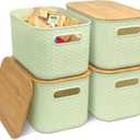 Soddeph 4 Packs Plastic Storage Bins with Bamboo Lids,Stackable Storage Containers with Lids, Storage Baskets for Organizing Desktop, Classroom, Office (Green)