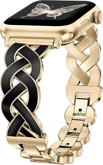 Wearlizer Metal Band Compatible with Apple Watch Bands Women 40/38/41/42/44/45/46/49mm, Dressy Enamel Stainless Steel Bracelet Celtic Knot Strap for iWatch Series 11 10 9 8 7 6 5 4 Ultra/SE 3 2 1, Black/ Gold
