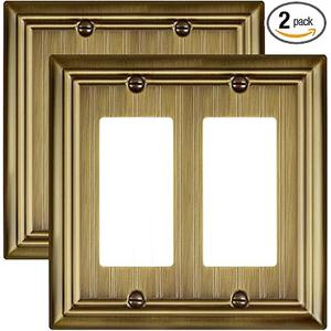 2-Pack Antique Brass Double Outlet Cover Plates, 2 Gang Metal Wall Plates for Electrical Outlets, GFCI, Dimmer Switch, Classic Beadboard Design, 4.96''*4.88'', Midsize, 2 Decorator 2PK